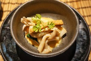 Seasonal vegetable Ohitashi: Shimeji mashroom, Spinach, Bomboo shoot, Deep fried Tofu in dashi & soy
